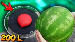 EXPERIMENT: GIANT BALOON on TRAMPOLINE vs WATERMELON