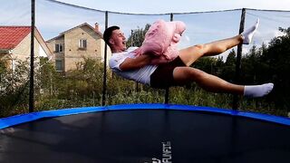 JUMPING ON A GIANT FLUFFY SLIME LYING ON A TRAMPOLINE! 50KG FLUFFY SLIME!