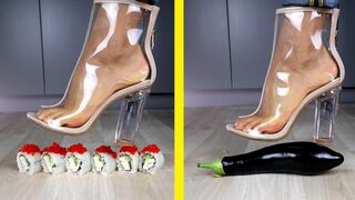 Crushing Crunchy & Soft Things by Car. EXPERIMENT: Shoes vs Sushi & Floral Foam