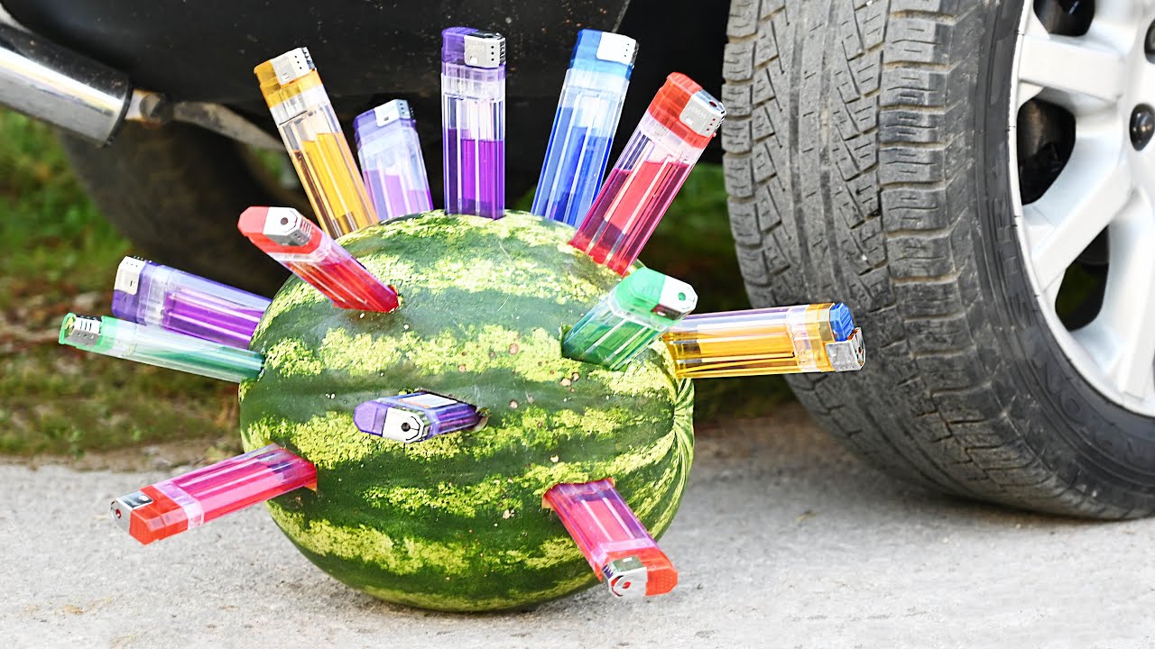 EXPERIMENT CAR vs WATERMELON LIGHTERS Crushing Crunchy & Soft Things by