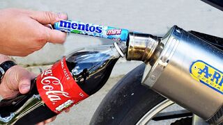 EXPERIMENT COCA COLA AND MENTOS IN MOTORCYCLE EXHAUST