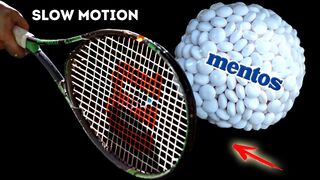 Experiment. Mentos Vs Tennis racquet ( Slow Mo )