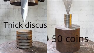 The hydraulic machine can cut 10 thick discus and 50 iron coins?