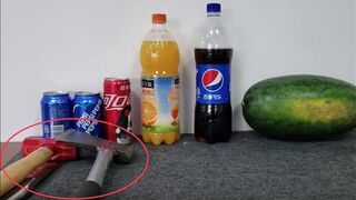 Hammer, axe, knife destroy cola, orange juice, watermelon, etc.