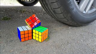 Crushing Crunchy & Soft Things by Car! Experiment: Car vs Rubik’s Cubes