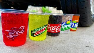 Experiment Car vs Coca Cola, Fanta, Sprite, M dew and Sting | Crushing Crunchy & Soft Things by Car
