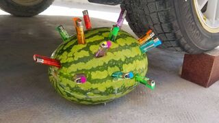 Lighters in Watermelon Vs Car! Experiment: Crushing Crunchy & Soft Things by Car